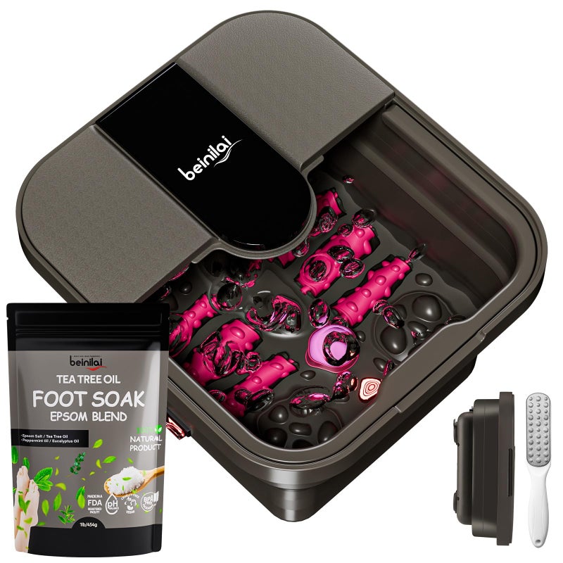 Beinilai Collapsible Foot Spa Bath with HeatBubbleMassage Rollers Tea Tree Oil Foot Soak with Epsom Salt Pedicure Foot File Red LightRemovable Pumice StonePedicure Foot Spa